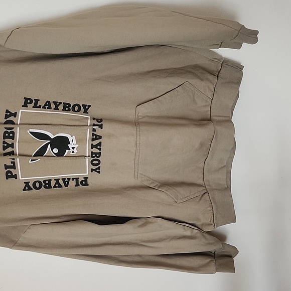 Playboy tan pullover hoodie, box logo, playboy bunny, large. - Picture 3 of 7